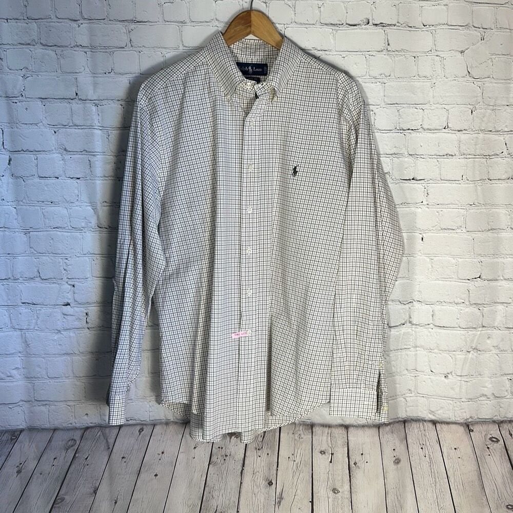 Ralph Lauren‎ Mens Classic Fit Tan Green Plaid Button Down Shirt size 17 34/35
